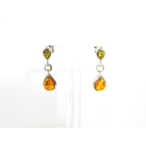 Yellow & Honey Baltic Amber Dangling Earrings Sterling Silver 1 1/4" Drop - Picture 2 of 7